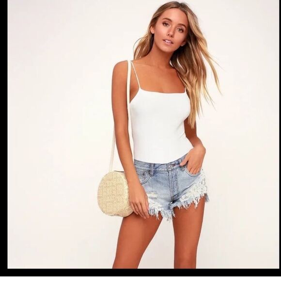 Free People We The Free Good Vibes Jean Mini Shorts with White Lace Size 31 - Picture 2 of 7